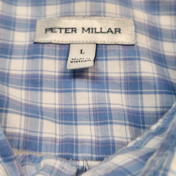 Peter Millar Light Blue and White Plaid Casuel Shirt Size L - Picture 2 of 13